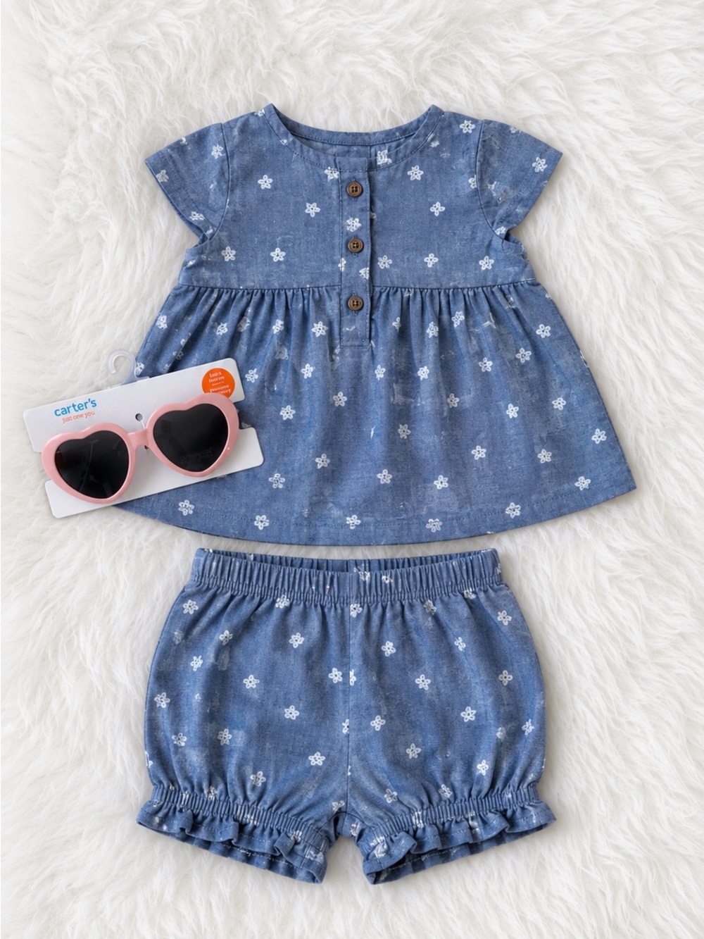 Carter's Blue Chambray Floral Baby Top, Ruffle Shorts and Sunglasses